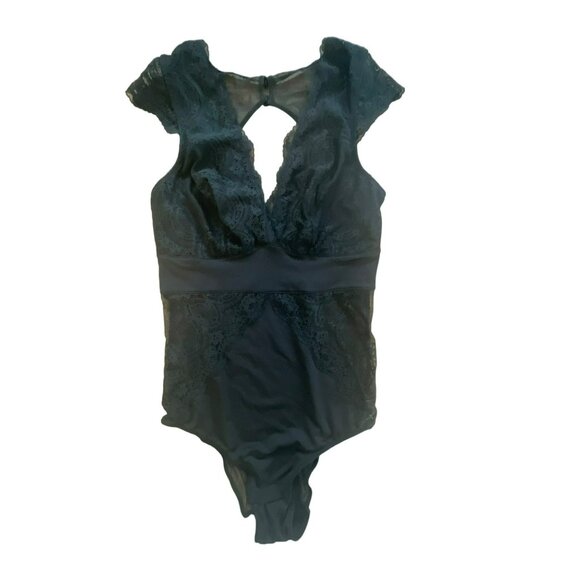 Gilligan & O'Malley Tops - Gilligan O'Malley Black Lace Bodysuit size XS Stretchy NWT Dotted Swiss